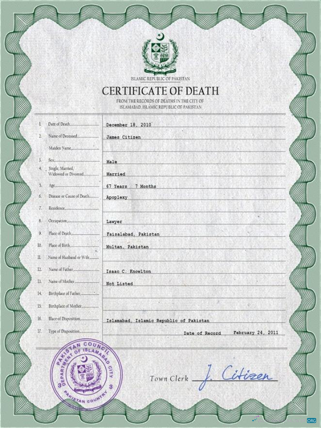 Download Pakistan vital record death certificate PSD template Photoshop template